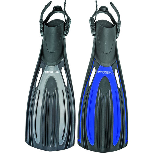 Pair of black diving fins with gray and blue accent panels and open heel straps by Innovative Scuba Concepts