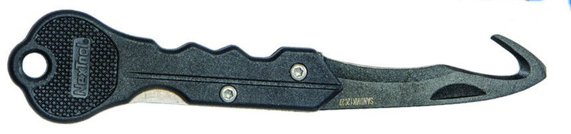 Black folding dive knife with serrated blade and textured grip handle, featuring locking mechanism