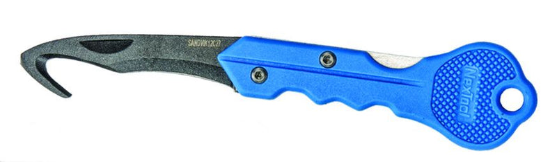 Blue and black folding dive knife with curved serrated blade and ergonomic grip handle
