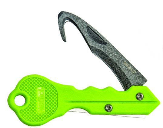 Green folding dive knife with black curved serrated blade and textured grip handle featuring lanyard hole