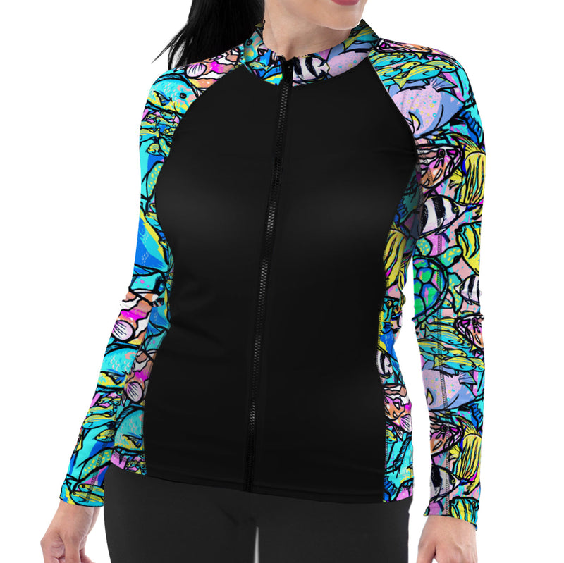 Plus Size Eco-friendly Full Zip Up Neon Fish Frenzy Rash Guard