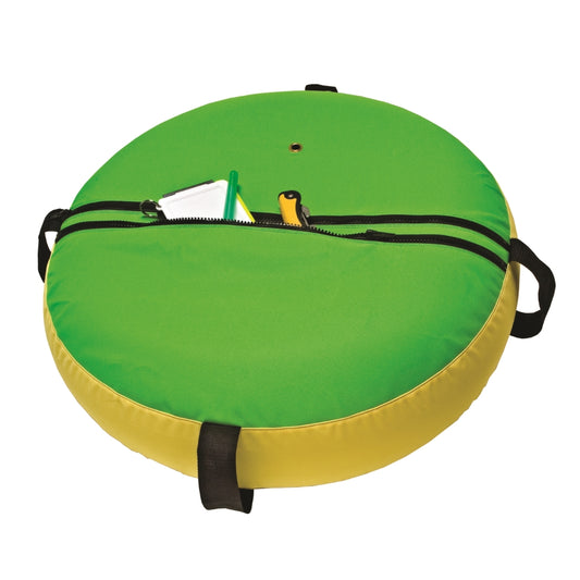 Innovate Scuba Concepts green and yellow lift bag with black straps and valve - closed position