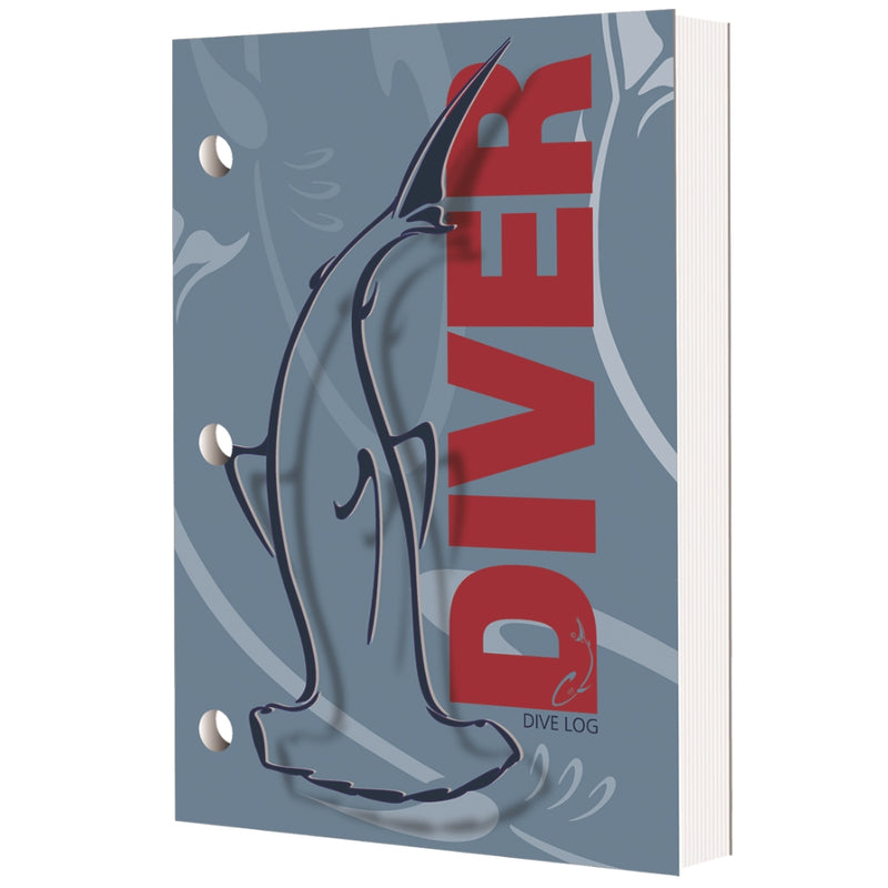 Dive log book with gray cover featuring red 'DIVER' text and black diving fins illustration