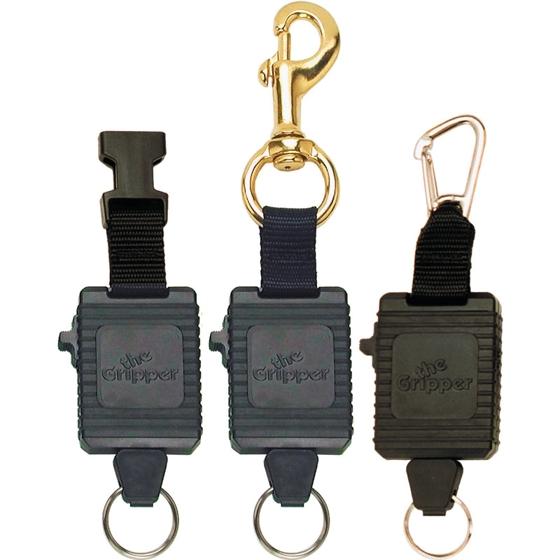 Three locking “The Gripper” retractors with different clip styles, including brass and carabiner