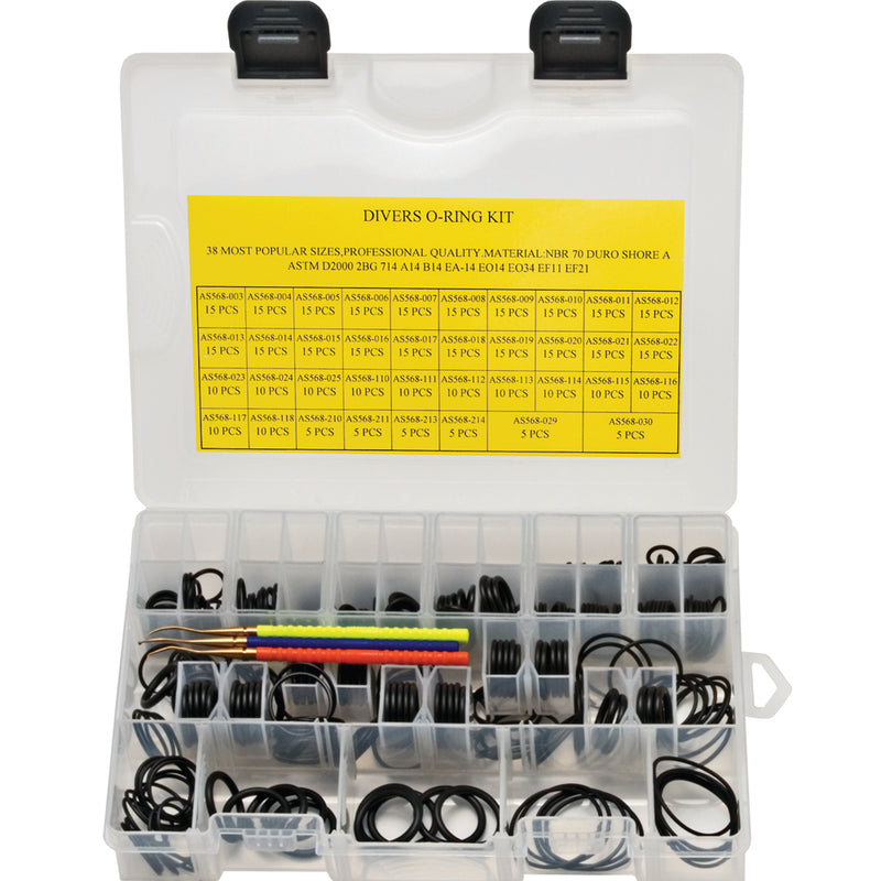 Innovative Scuba Concepts Divers O-Ring Kit with 450 pieces in clear plastic organizer case, containing 38 most popular sizes of professional quality NBR 70 Duro Shore A O-rings organized in labeled compartments with reference chart