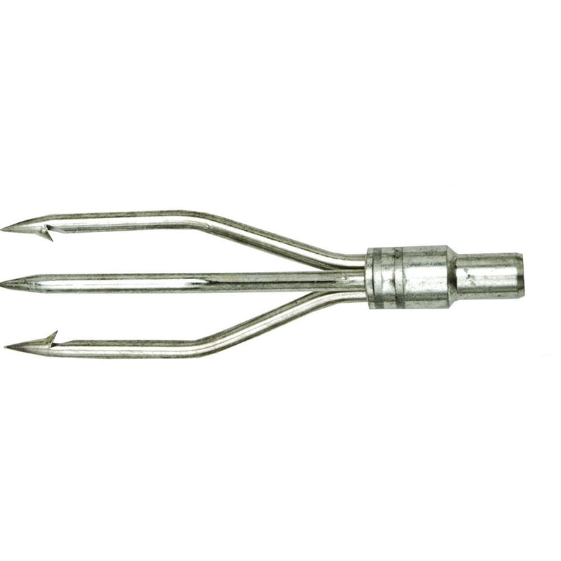 Stainless steel three-prong fishing spear tip with barbed tines and threaded connection fitting