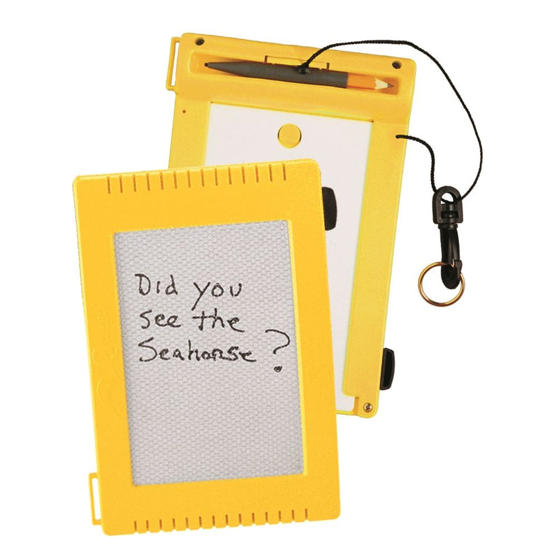 Yellow underwater writing slate with lanyard attachment and white mesh surface, showing handwritten text 'Did you see the Seahorse?