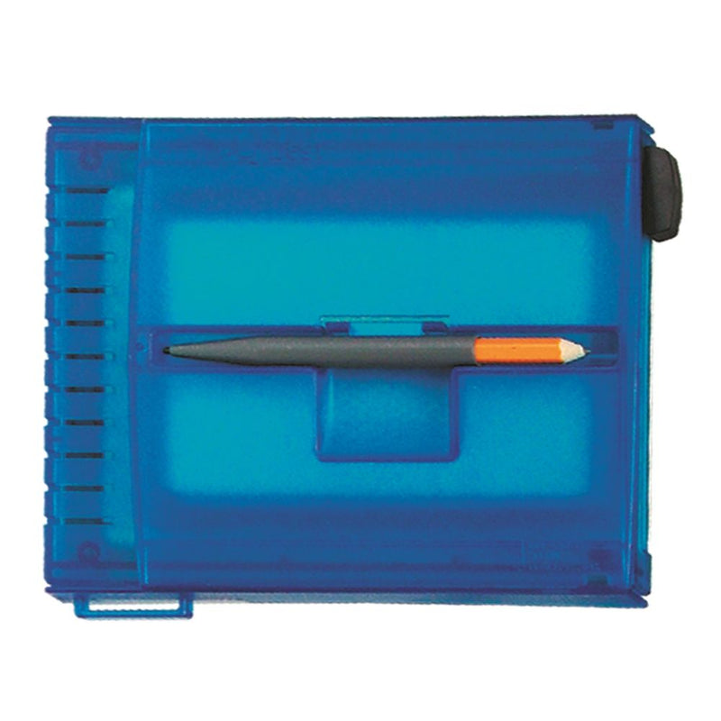Blue underwater writing slate viewed from behind showing pencil storage compartment and internal structure