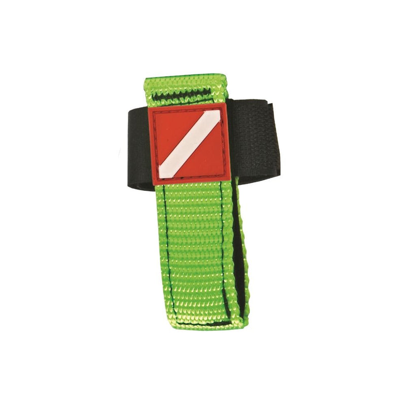Innovative Scuba Concepts lime green dive knife leg strap with red diver down flag patch and secure velcro attachment