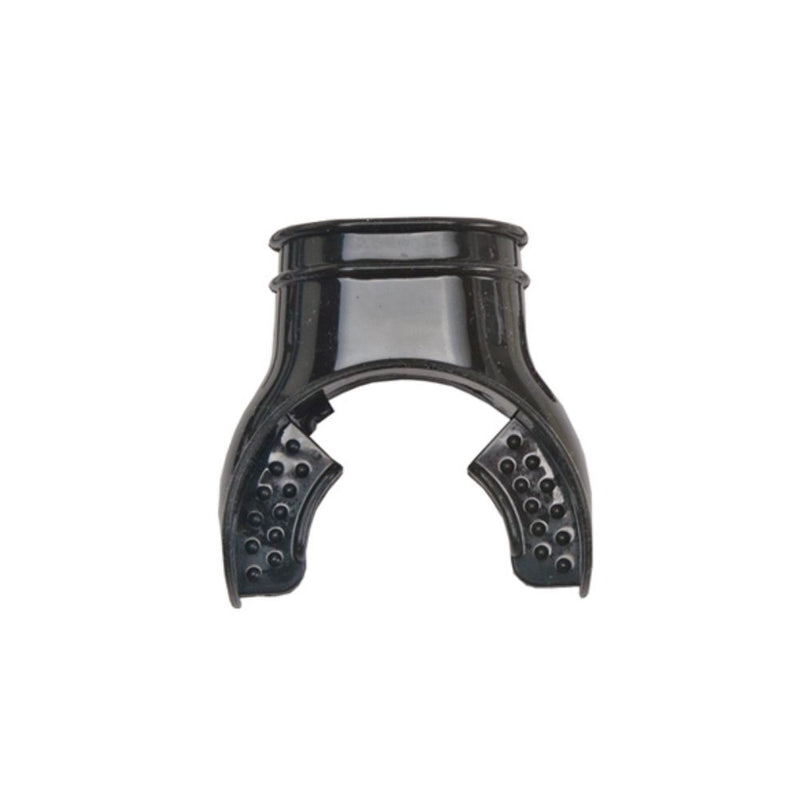 Black ergonomic scuba regulator mouthpiece with textured bite pads and secure grip design by Innovative Scuba Concepts