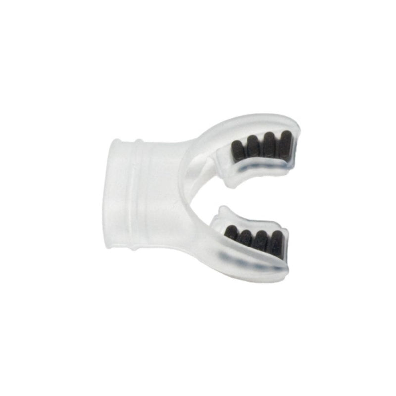 Innovative Scuba Concepts clear silicone scuba mouthpiece with black bite tabs.