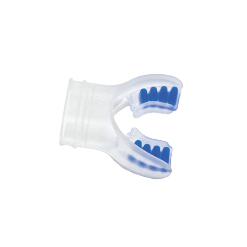 Innovative Scuba Concepts clear silicone scuba mouthpiece with blue bite tabs.