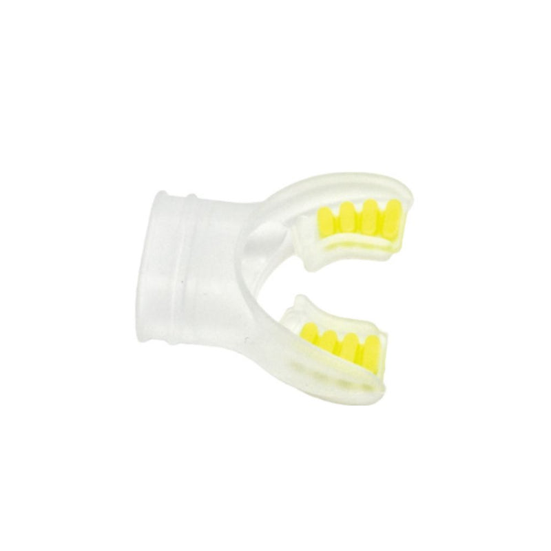 Innovative Scuba Concepts clear silicone scuba mouthpiece with yellow bite tabs.