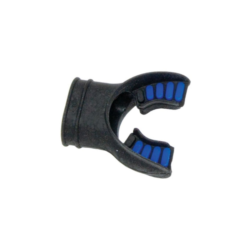 Innovative Scuba Concepts black silicone scuba mouthpiece with blue bite tabs.