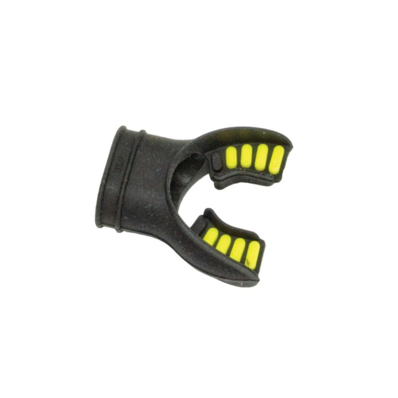 Innovative Scuba Concepts black silicone scuba mouthpiece with yellow bite tabs.