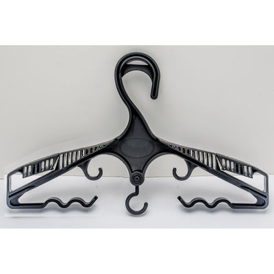 Black multi-purpose scuba gear hanger with integrated accessory hooks – Innovative Scuba Concepts.