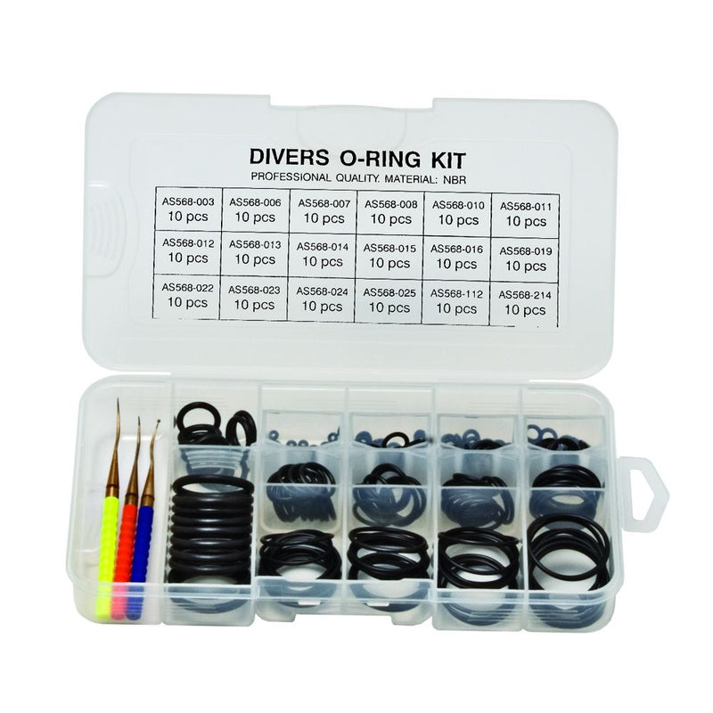 Divers o-ring kit professional quality NBR material with organized compartments showing various sized black rubber o-rings and colored installation tools