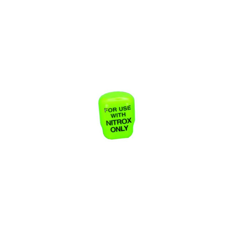 Single bright green Innovative Scuba Concepts tank boot protector with 'FOR USE WITH NITROX ONLY' warning text printed in black