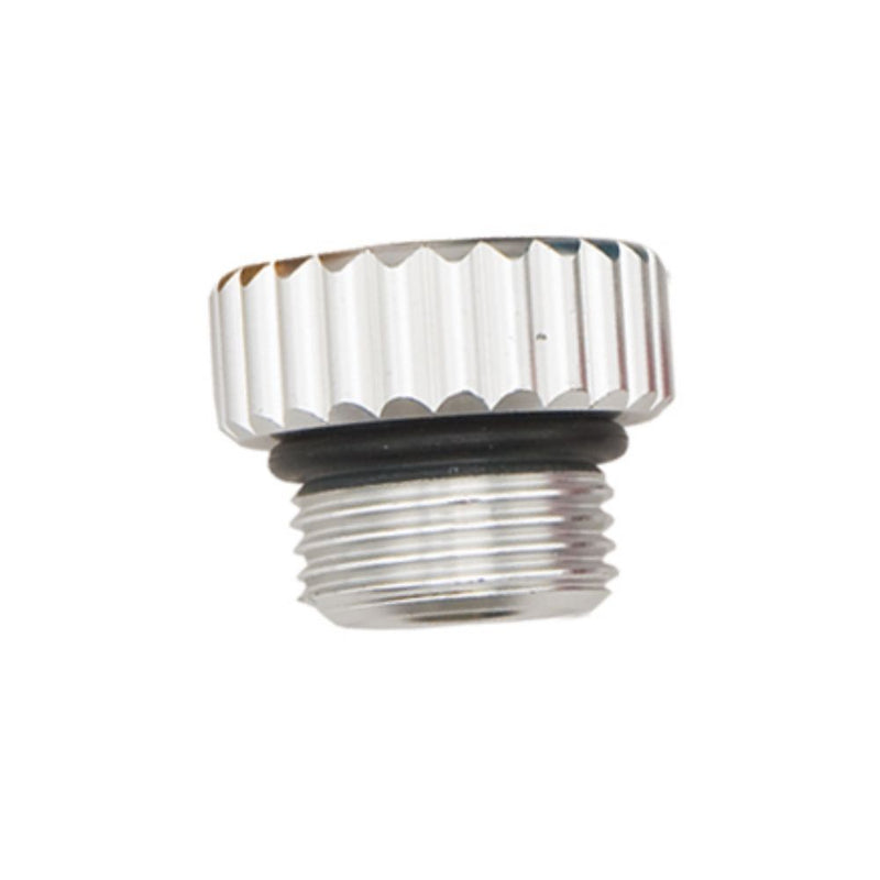 Innovative Scuba Concepts clear plastic regulator dust cap with knurled grip edge, black O-ring seal, and threaded connection