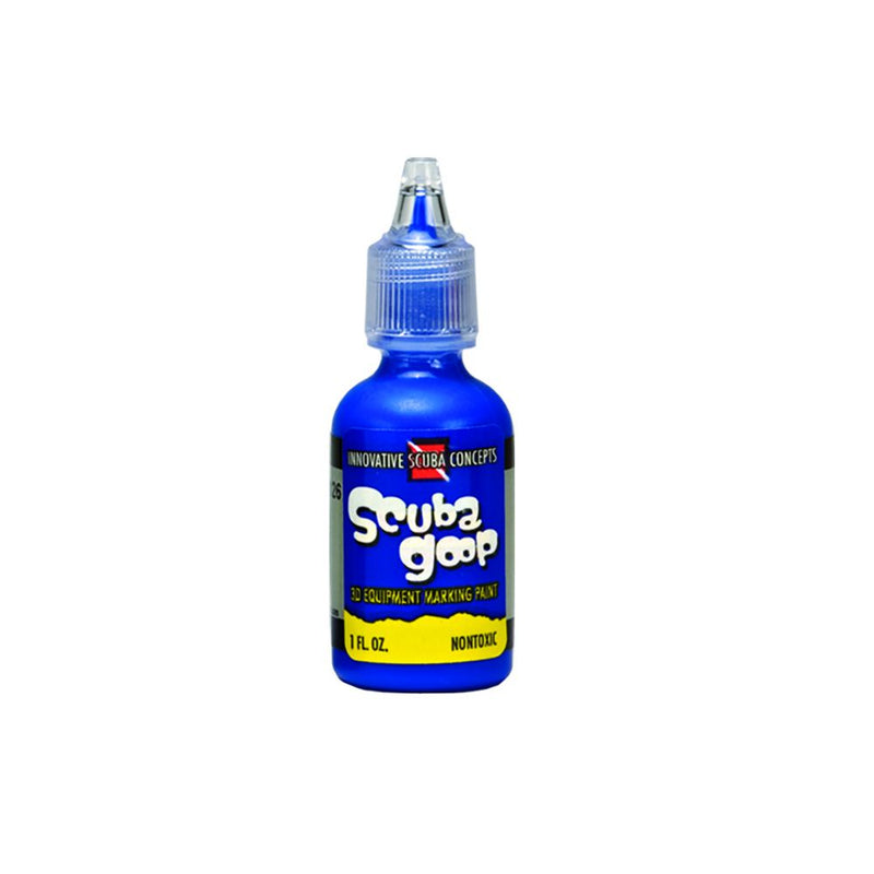 Innovative Scuba Concepts Scuba Goop equipment marking fluid bottle with blue cap and blue body - 1 fl oz non-toxic