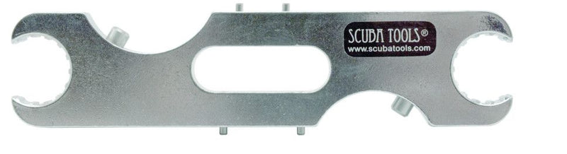 Scuba Tools multi-purpose tank valve wrench - flat steel tool with multiple openings for valve service