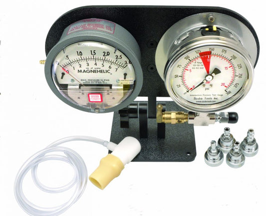 Magnehelic pressure differential gauge kit with dual analog gauges, mounting bracket, tubing and fittings for scuba equipment testing