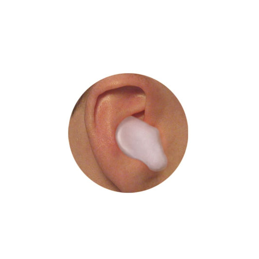 White silicone ear plug inserted in ear canal for water protection during swimming and diving
