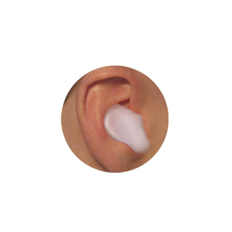 White silicone ear plug inserted in ear canal for water protection during swimming and diving
