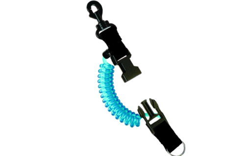 Compact snappy coil with translucent blue tubing and black plastic quick-release buckle, built for streamlined gear attachment.