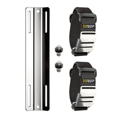 XDEEP Stainless Steel Single Tank Adapter with 2 Stainless Steel Cam Bands â robust steel adapter plate with heavy-duty webbing and stainless cam buckles