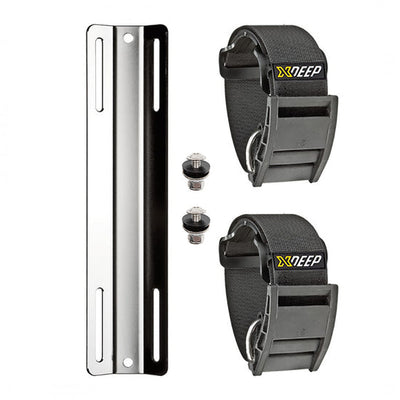 XDEEP Stainless Steel Single Tank Adapter with 2 Plastic Cam Bands – durable mounting plate with black composite cam buckles and heavy-duty webbing straps