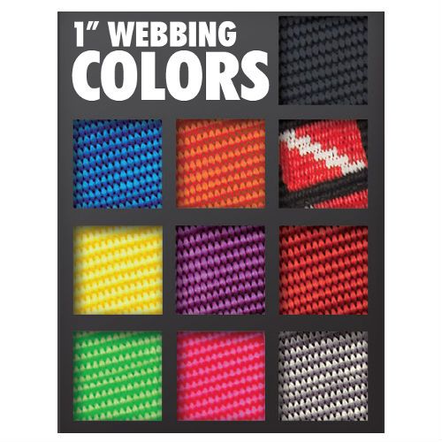 Color chart showing 1-inch webbing available in 9 different colors including blue, orange, yellow, purple, green, and red