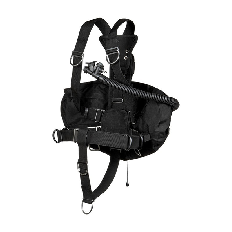 XDEEP STEALTH 2.0 Classic full sidemount setup with harness, BC, spine weight pocket, and bungee system, rear view.