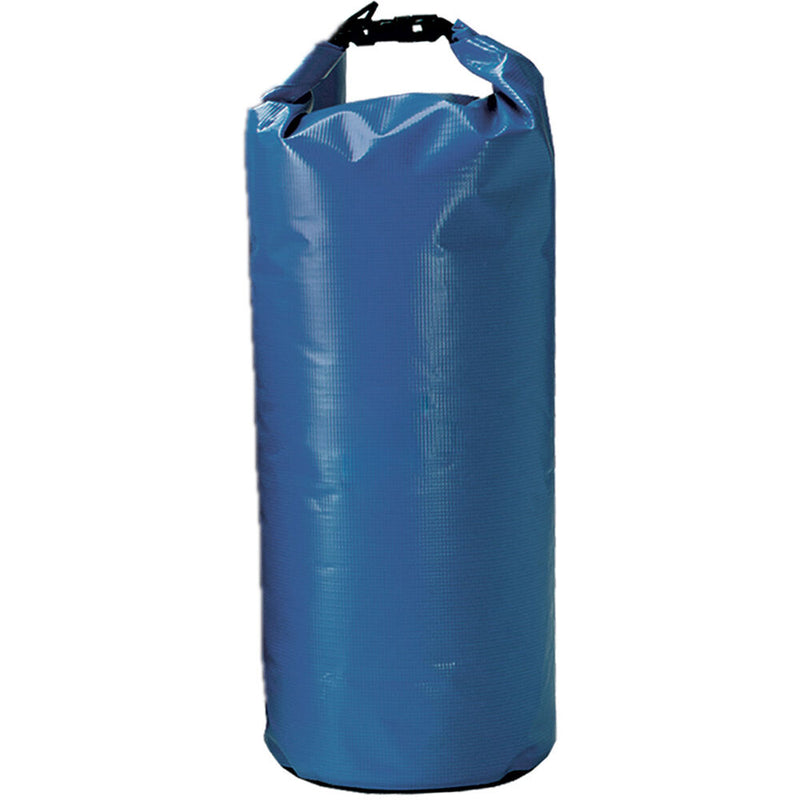 Blue waterproof dry bag with roll-top closure and adjustable shoulder strap for scuba diving gear storage