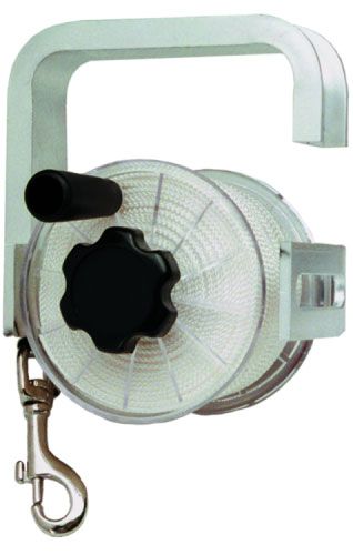 Innovate Scuba Concepts 250ft large aluminum line reel side view showing internal mechanism and snap hook