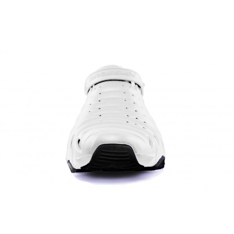 Crosskix 2.0 Whiteout water shoe front toe view showing the perforated white upper design with drainage holes and streamlined profile