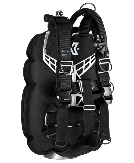 XDEEP NX GHOST Deluxe – rear view of full BCD setup with wing, mesh-padded harness, and single tank adapter