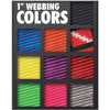 1-inch webbing color reference chart showing multiple vibrant color options for strap customization