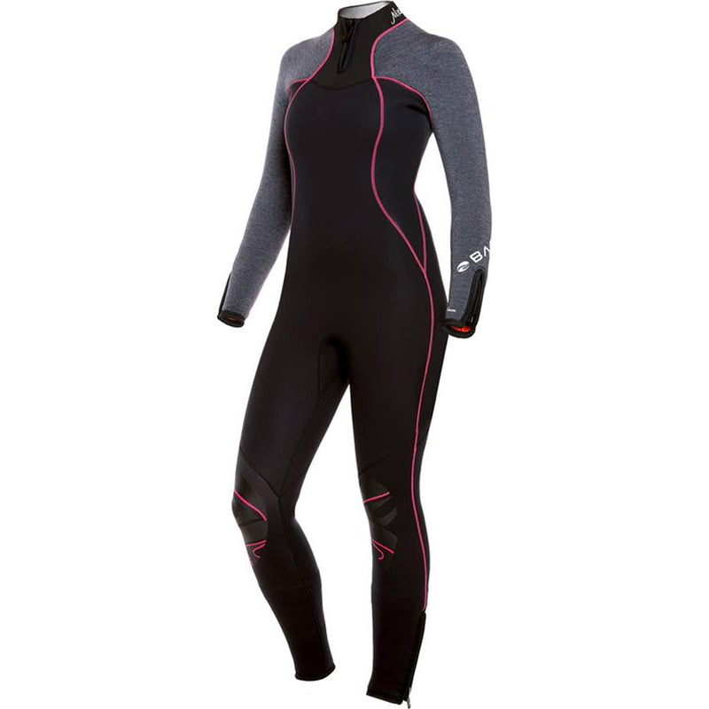 Black and gray wetsuit with pink accents on a white background