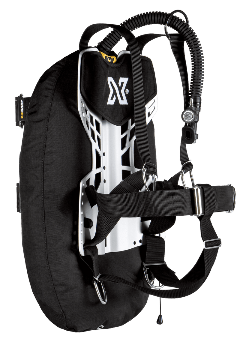 XDEEP NX ZEN Deluxe – angled top-down view with padded harness and single tank adapter visible