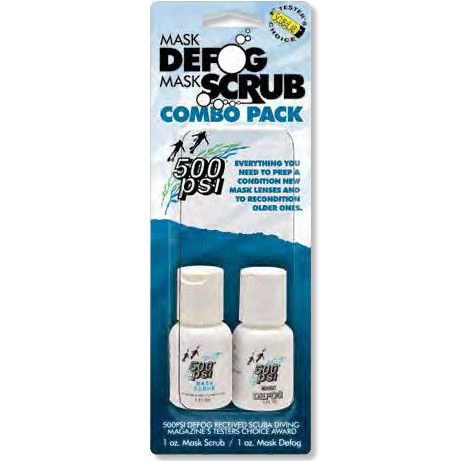 500 PSI Mask Defog and Scrub Combo Pack by Innovate Scuba Concepts, containing mask preparation solutions for clear diving visibility
