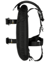 XDEEP ZEOS Standard – top-down view showing inflator hose connection, backplate, and mounting points