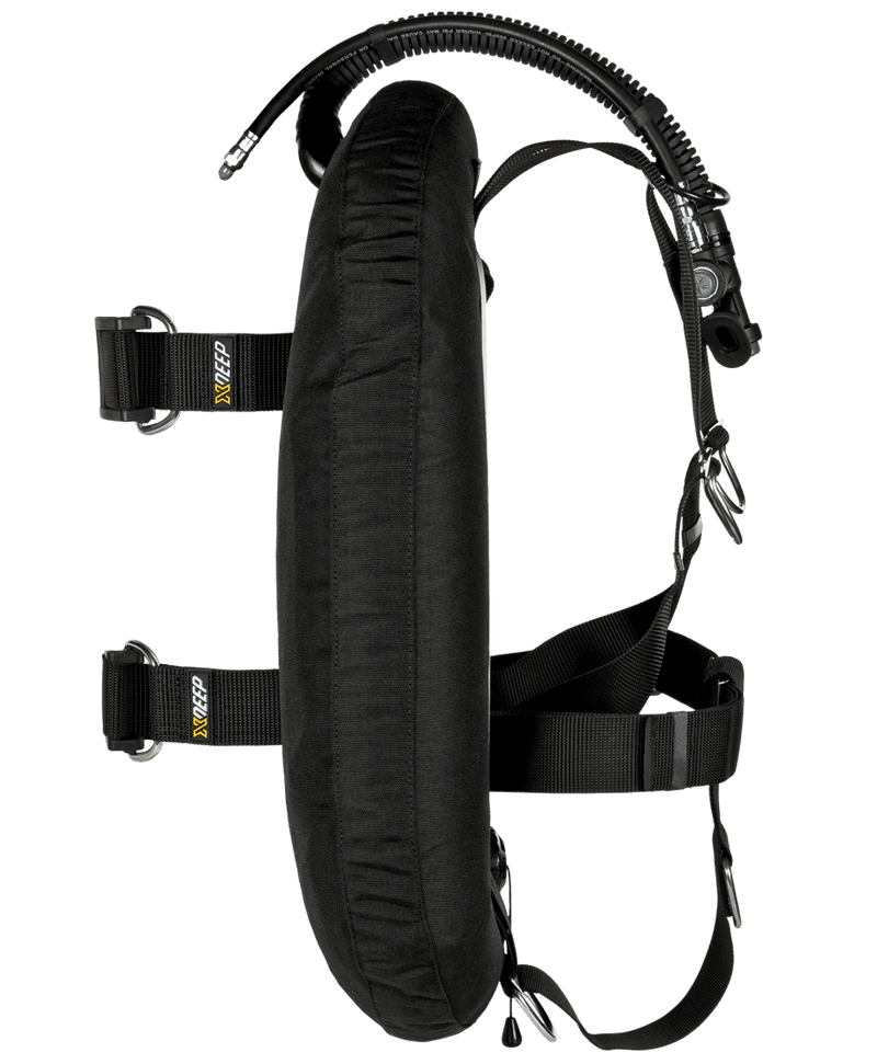 XDEEP ZEOS Standard – top-down view showing inflator hose connection, backplate, and mounting points