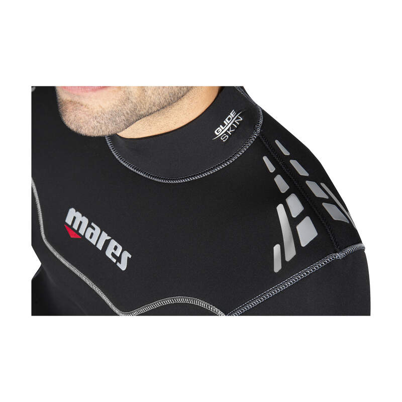 Black wetsuit with Mares branding on a white background