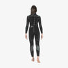 Black wetsuit worn by a person on a white background