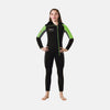 Person wearing a black and green wetsuit on a white background