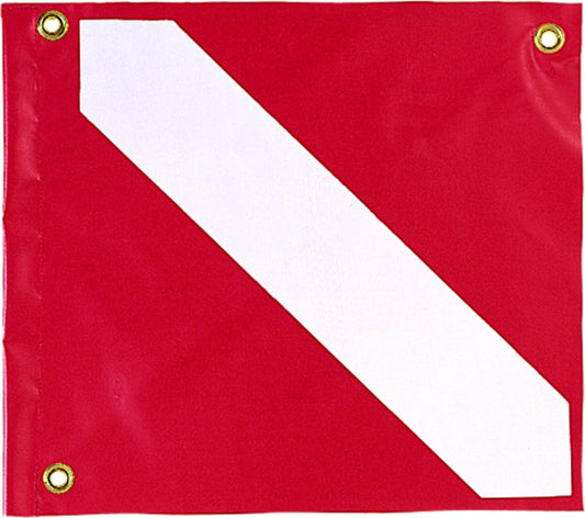 Standard red and white scuba dive flag with brass grommets and white diagonal stripe