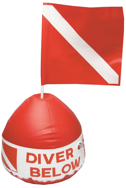 Innovate Scuba Concepts red spherical "Diver Below" surface marker buoy with dive flag and safety warning text for scuba diving visibility