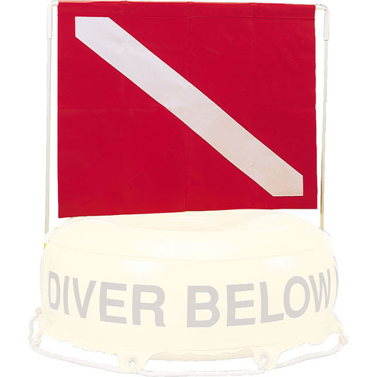 Innovate Scuba Concepts red and white diagonal stripe dive flag with 'DIVER BELOW' text - standard scuba diving safety signal flag for underwater activities and boat diving operations