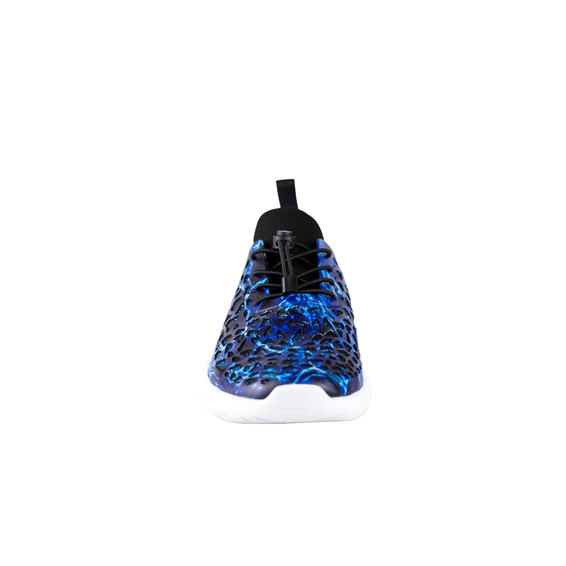 Front view of Crosskix Tetra Agua water shoe in blue camouflage Mossy Oak pattern with black accents and white sole, showing streamlined slip-on design